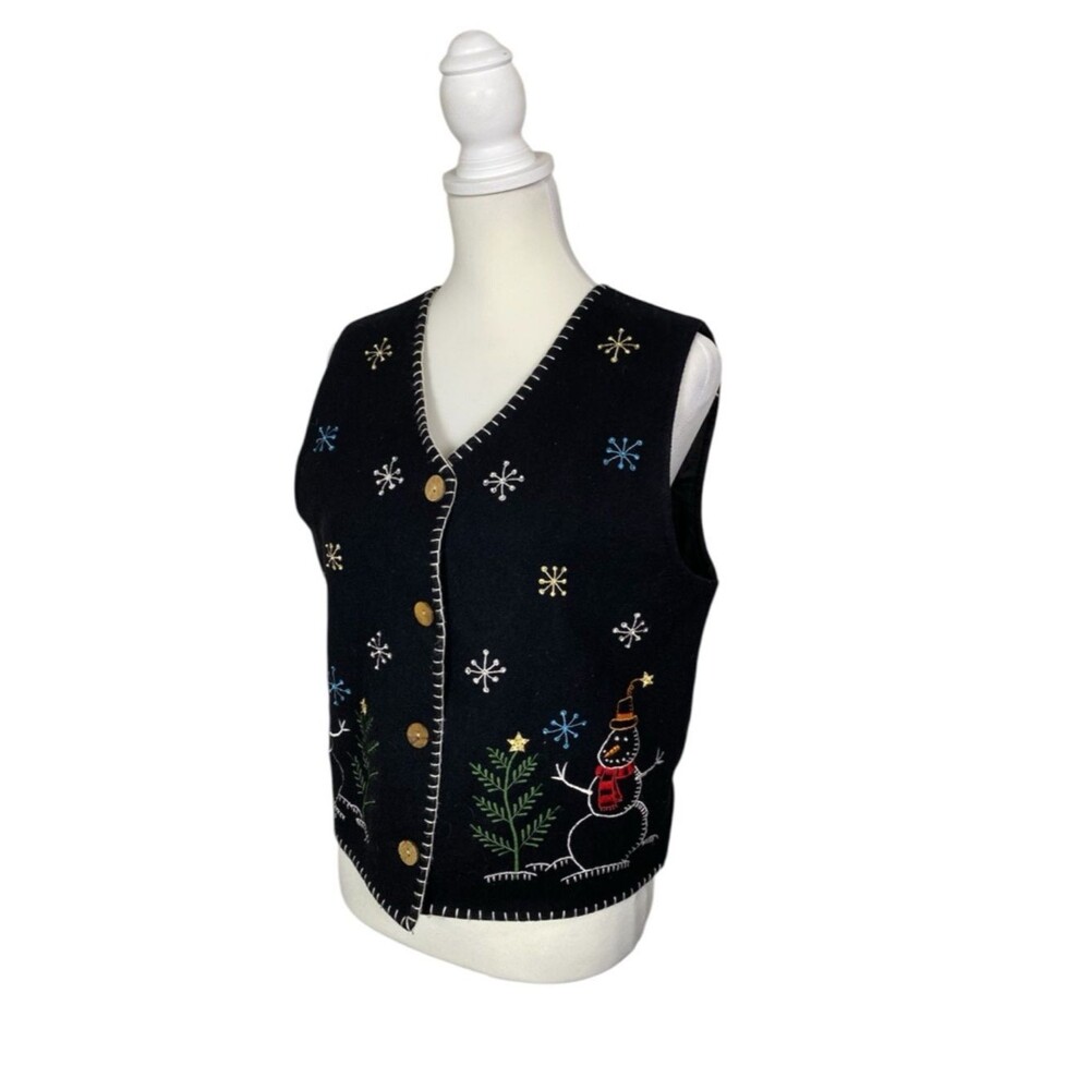 Vintage Casey Coleman Wool Christmas Snowman Embroidered Holiday Sweater Vest